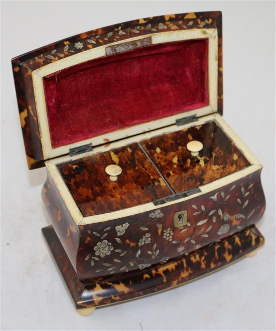 An early Victorian mother of pearl inlaid tortoiseshell tea caddy, 6.75in.